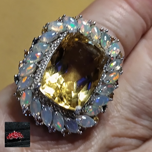 BEAUTY, FIRE & BRILLIANCE. FIRE OPAL SURROUNDS BRAZILIAN CITRINE. STERLING SZ 6. - Picture 11 of 12